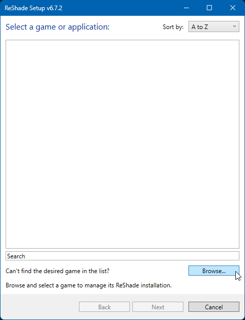 A cursor hovering over the ReShade Setup window's browse button