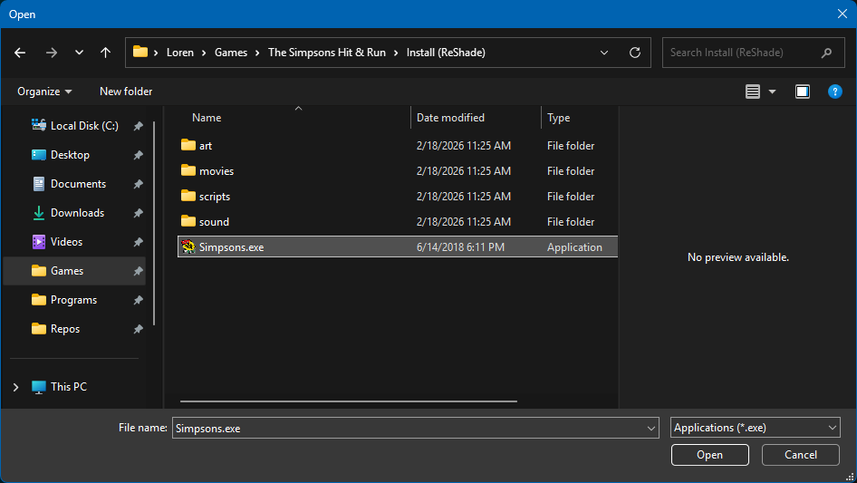 A Windows file browse dialog navigated to the game's install directory with Simpsons.exe selected