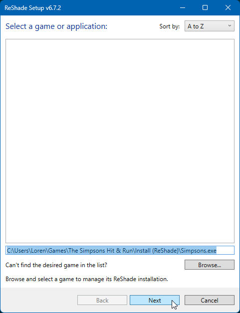 A cursor hovering ovver the ReShader Setup window's Next button