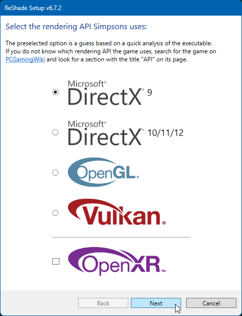 The ReShade Setup's rendering API selection with a cursor hovering over the Next button
