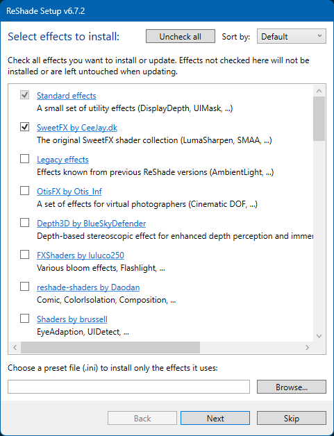 The ReShade Setup's effects selection
