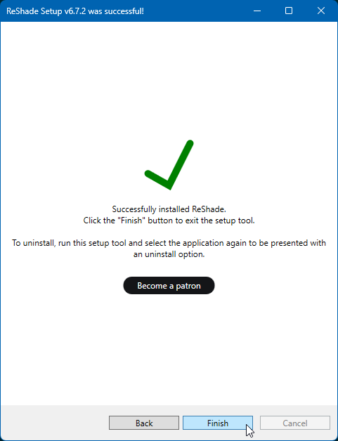 The ReShade Setup's success dialog with a cursor hovering over the Finish button