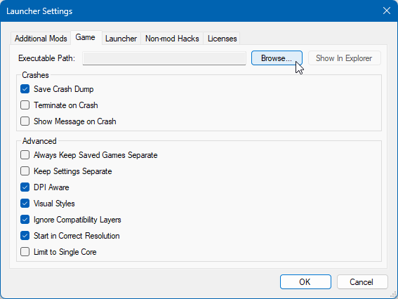 The Game tab of the Mod Launcher's settings with a cursor hovering over the Browse button