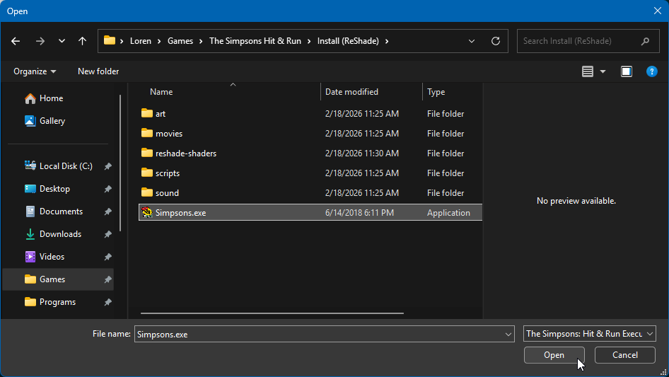 A Windows file browse dialog navigated to the game's install directory with Simpsons.exe selected