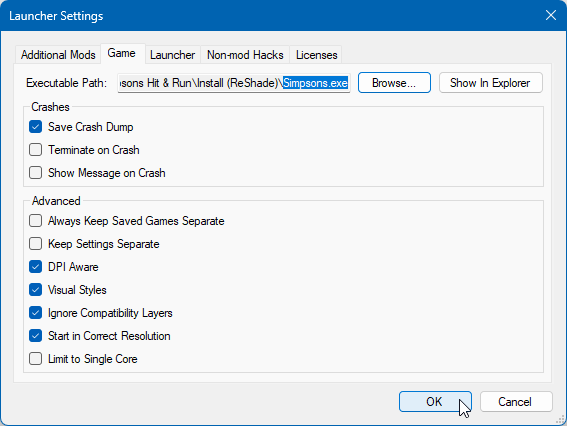 The Game tab of the Mod Launcher's settings with a cursor hovering over the OK button