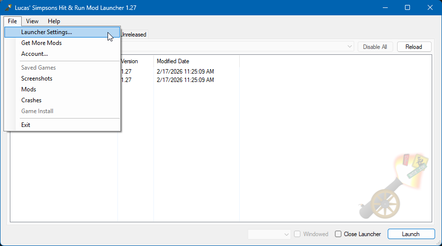 The Mod Launcher's File menu with a cursor hovering over the Launcher Settings option