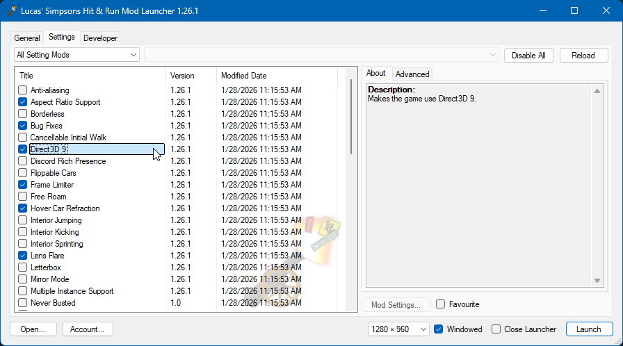 The Settings page of the Mod Launcher's mods list with the Direct3D 9 hack enabled